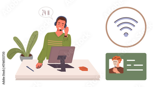 Customer support agent in a headset working at a desk with a computer, plant, and coffee, surrounded by wireless and profile icons. Ideal for customer service, technical support, remote work