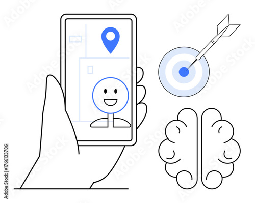 Mobile phone with GPS pin, smiling face on screen, bullseye with arrow, and brain outline. Ideal for technology, navigation, innovation, focus emotions success and mindfulness themes. Simple flat