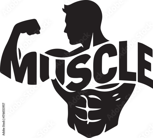 Silhouette of a muscular man flexing his bicep with the word muscle integrated