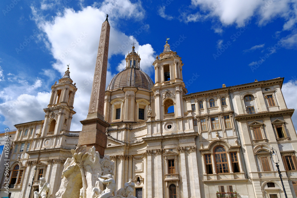 Naklejka premium Sant'Agnese in Agone church and four rivers fountain obelisk in Rome