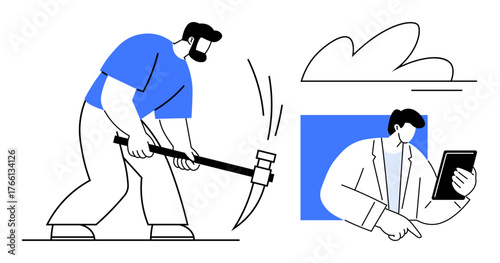 Man using a pickaxe with consultant holding tablet in structured collaboration. Ideal for technology, teamwork, innovation, manual labor, progress, partnership, problem-solving. Simple flat metaphor