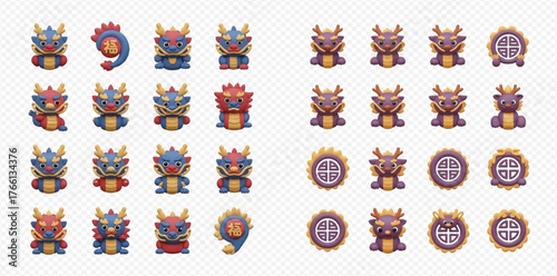 Pixel art dragons and emblems in a variety of colors and designs.