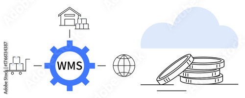 Gear labeled WMS linked to warehouse, logistics cart, coins, global network, and cloud. Ideal for logistics, warehouse, technology, supply chain cloud storage digital solutions simple flat