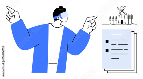 Person wearing VR headset gesturing towards wind turbines and a document, highlighting technology, future, energy innovation. Ideal for sustainability, tech, education, foresight, research renewable