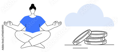 Woman in lotus pose practicing meditation near stacked coins and cloud. Ideal for mindfulness, financial balance, relaxation, personal growth, wealth management, stress relief, simple flat metaphor