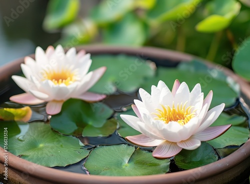 Two Elegant White Water Lilies Floating Serene in a Terra Cotta Pot