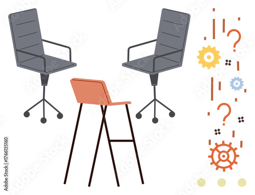 Two office chairs and a tall stool in a modern design, accompanied by colorful gears, question marks, and abstract shapes. Ideal for collaboration, discussion, problem-solving, creativity
