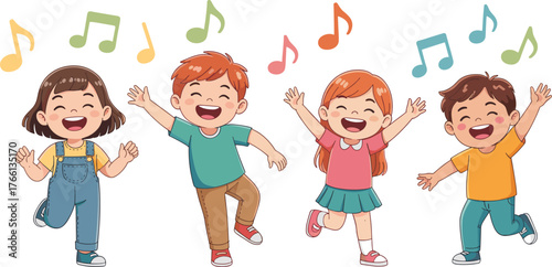 Cartoon children dancing happily, colorful musical notes, joyful kids playing, smiling faces, energetic movement, fun illustration, happy childhood, music celebration