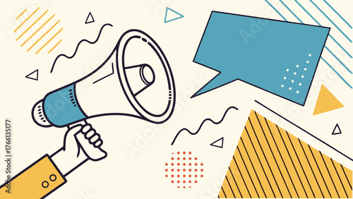 Hand holding megaphone with speech bubble and geometric shapes around it