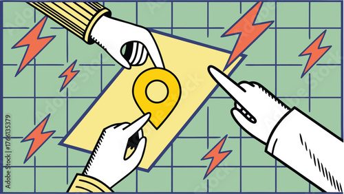 Three hands pointing at location pin on map with lightning bolts around