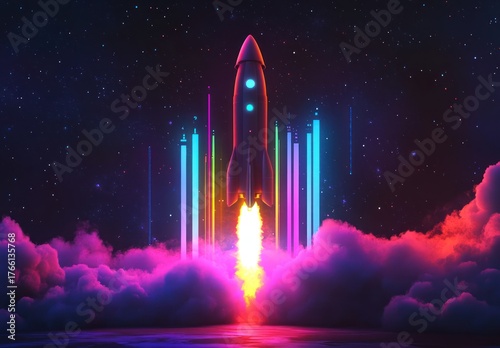 Neon Rocket Launch into Galaxy with Colorful Data Streams and Pink Clouds