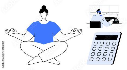 Woman meditating in lotus pose, person managing controls, large calculator symbolizing analytics. Ideal for wellness, productivity, balance, focus, mindfulness, decision-making work optimization