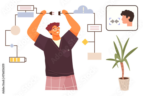 Man holding wires connecting virtual tech systems with battery, diagrams, speech recognition, and plant. Ideal for technology, innovation, teamwork, problem-solving, efficiency connectivity simple