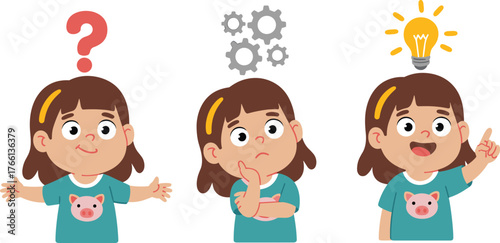 Cartoon girl thinking, confused child illustration, problem solving stages, idea concept, gears and light bulb, emotional expression, educational design