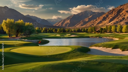 Luxury golf course at golden hour with mountain view and tranquil lake reflection