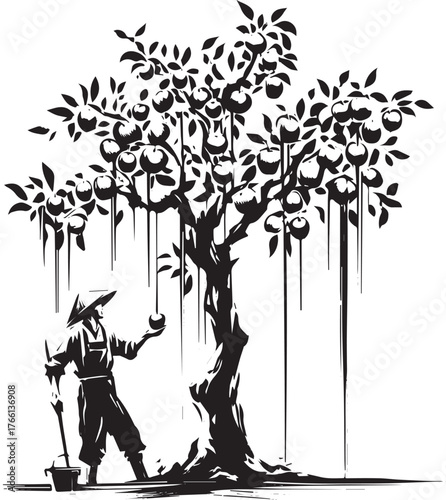 Sumi-e illustration of a man harvesting apples from a tree in Japan