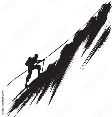 Minimalist sumi-e illustration of a man scaling a steep mountain slope