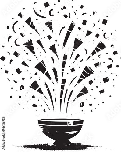 Minimalist sumi-e celebration eruption with confetti and party blowers logo