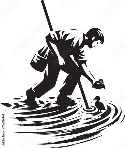 Sumi-e Style Illustration: Man Rescuing Duckling from Drain with Brush Strokes