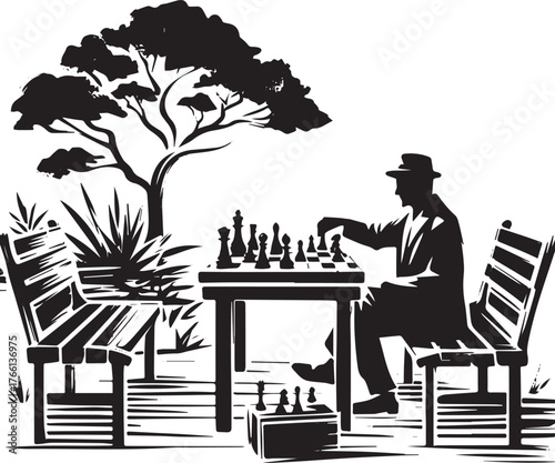 Monochrome scene depicting a chess game in a park setting with a solitary player