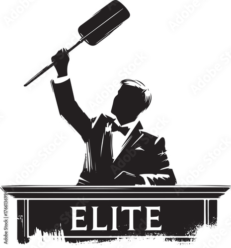 Stylized black and white auction illustration of an elegant bidder raising paddle