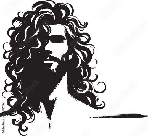 Monochromatic stylized man portrait with textured long hair in sumi-e style
