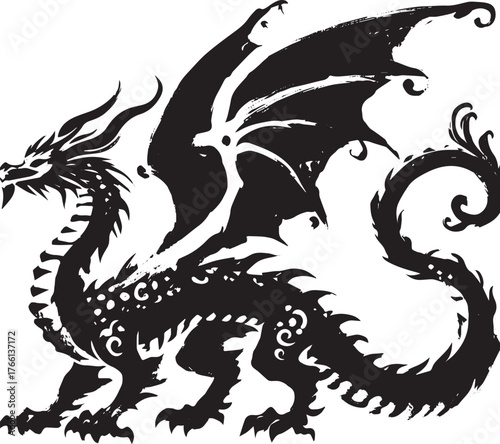 Stylized ink drawing of a formidable winged dragon in a dynamic pose
