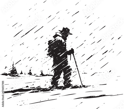 Solitary wanderer trekking through a blizzard's monochrome expanse Japan art