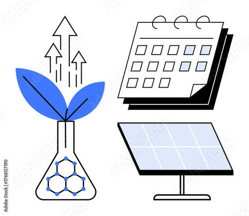 Flask with leaves symbolizes eco-friendly science, solar panel represents clean energy, and calendar highlights strategic timing. Ideal for sustainability, innovation, research, planning, renewable