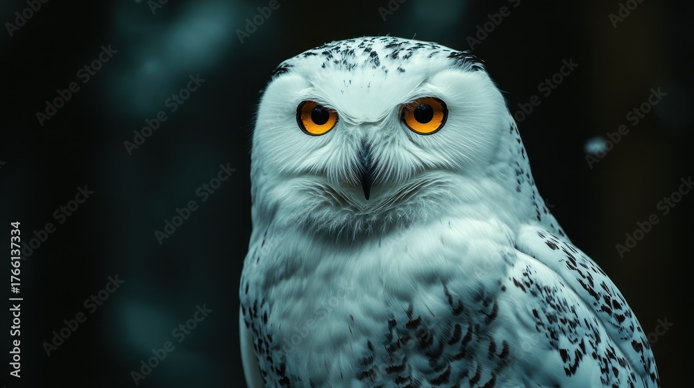 Fototapeta premium Majestic Snowy Owl Portrait: Intense Gaze Amidst the Winter Darkness