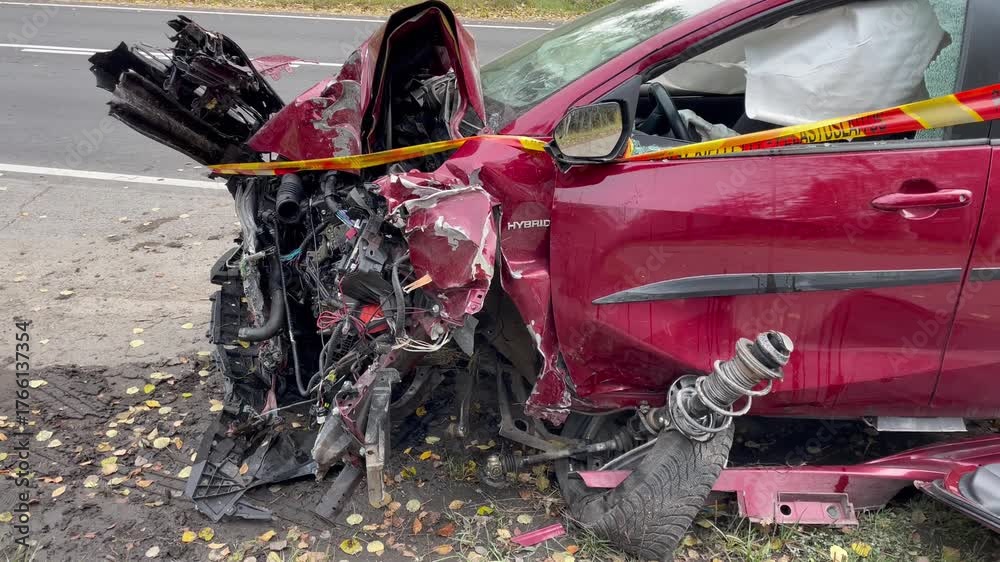 Crashed car with exposed springs deployed airbags and twisted metal ...