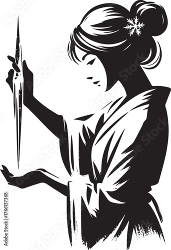 Elegant sumi-e illustration depicting a woman examining a glistening icicle