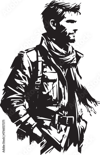Monochromatic brushstroke illustration of a man in jacket and scarf
