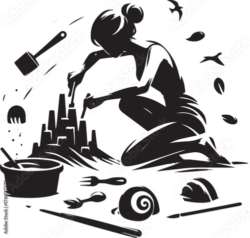 Elegant sumi-e illustration depicting a woman crafting a sandcastle at seashore