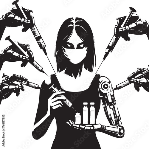 Sumi-e illustration of woman overseeing vaccine production with robots