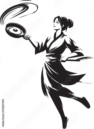 Sumi-e illustration of a woman skillfully flipping a pancake in the air
