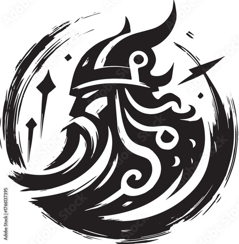 Striking Norse Deity Illustration, Black Ink Drawing, Minimalist Style