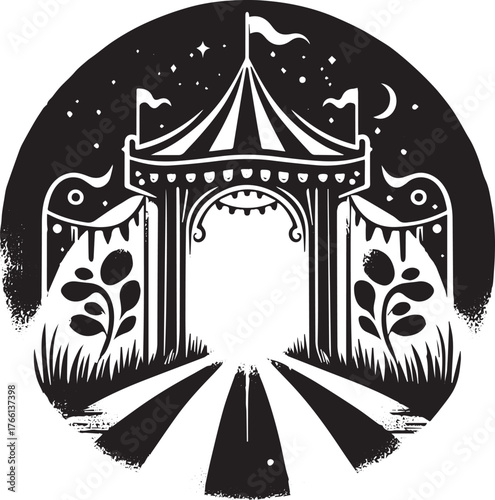 Enigmatic Carnival Entrance beckons under a star-speckled monochrome sky