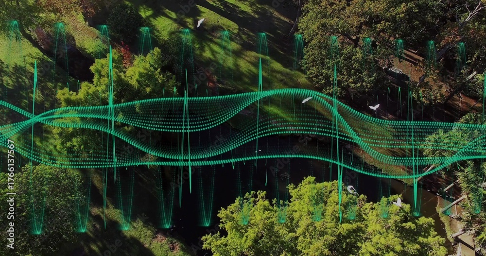 Naklejka premium Floating green digital waveforms in park clearing, showing small pond amid dense trees, white birds