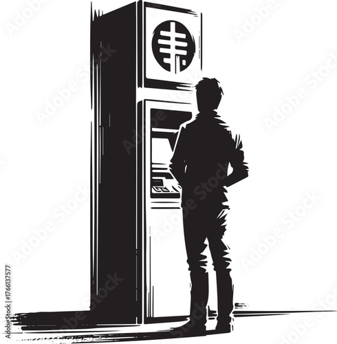 Sumi-e illustration of a man interacting with an ATM machine in Japan