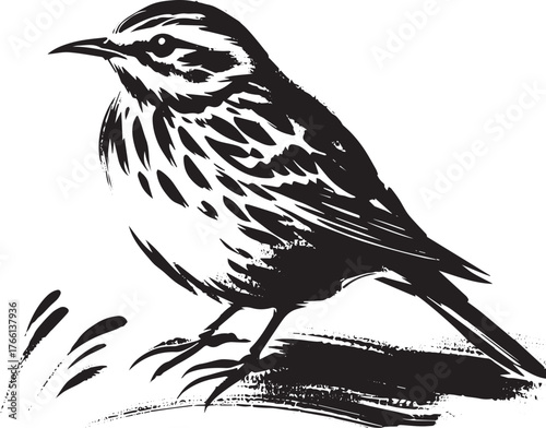 Ink wash painting of a songlark, expressive strokes, minimalist avian art