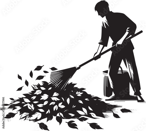 Silhouette Illustration of a man raking fallen autumn leaves into a pile