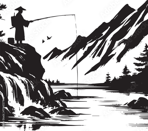 Serene sumi-e illustration of a lone fisherman by a mountain stream
