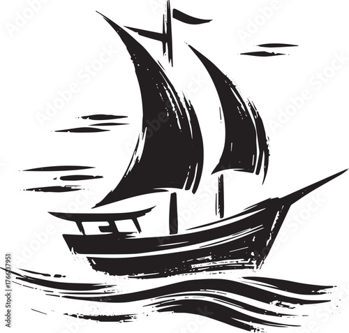 Monochrome sailing vessel in sketched style, nautical illustration icon