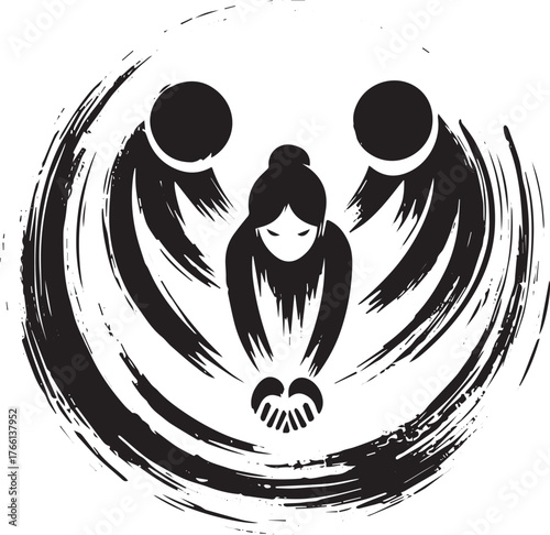 Minimalist sumi-e style image depicting community support and helping hands