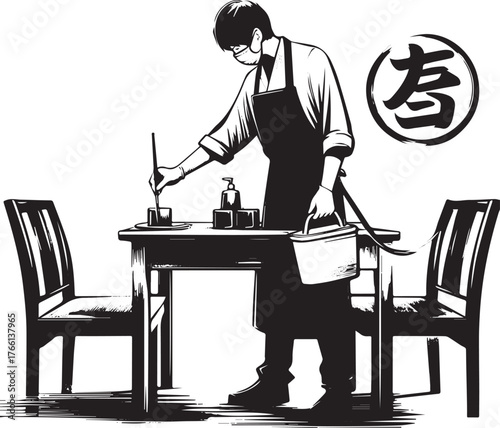 Monochrome illustration of masked worker disinfecting tables in a restaurant