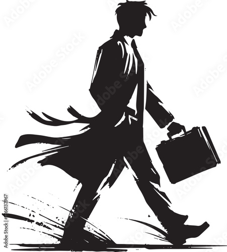 Dynamic sumi-e monochrome illustration of a businessman in motion with briefcase