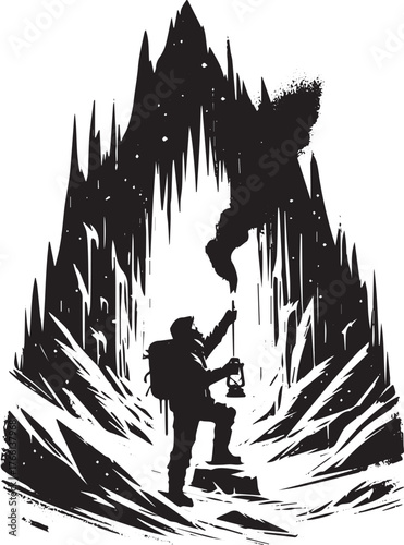 Monochromatic illustration of a hiker exploring a jagged glacial cave system