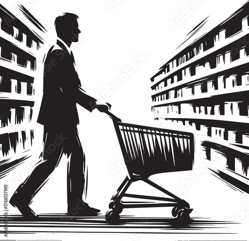 Monochrome shopper minimalist illustration: A man navigates a grocery aisle