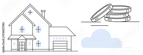 Suburban house with garage and windows next to coin stacks, symbolizing real estate, savings, value. Ideal for finance, property, mortgage, investment planning wealth housing market. A simple flat